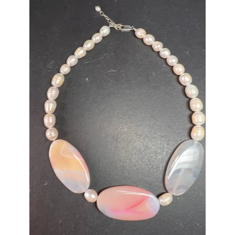 NEW freshwater pearl and agate necklace with sterling silver clasp